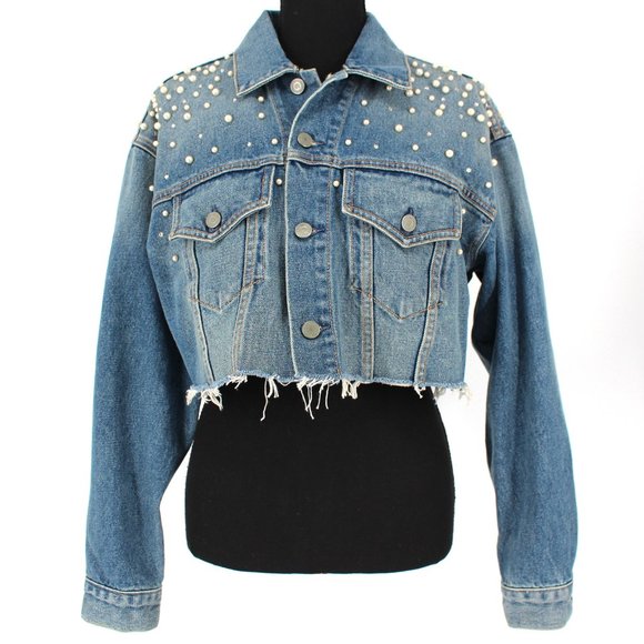 Grlfrnd Eve Cosmic Ray Blue Denim Pearl Embellished Cropped Jean Jacket XS Small - Picture 2 of 10